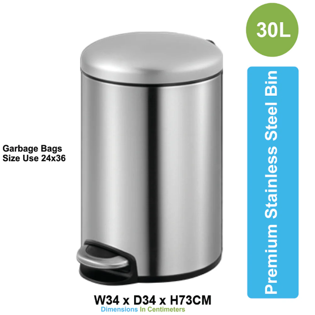 ASD 10 30 Litre Stainless Steel Pedal Dustbin Large Hands Free Waste Bin