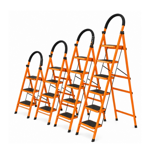 Heavy Duty Carbon Coated Steel Wide Steps Folding Ladder WITH ANTI SLIP RUBBER PADS